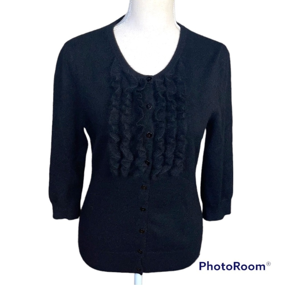 Aqua Cashmere black ruffled cardigan medium